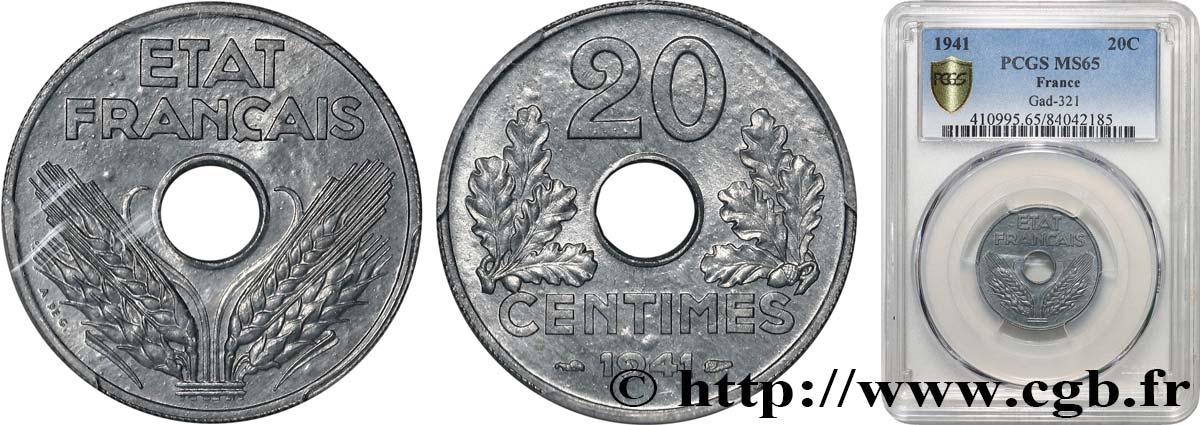 20 centimes État français, lourde 1941  F.153/2 ST65 PCGS