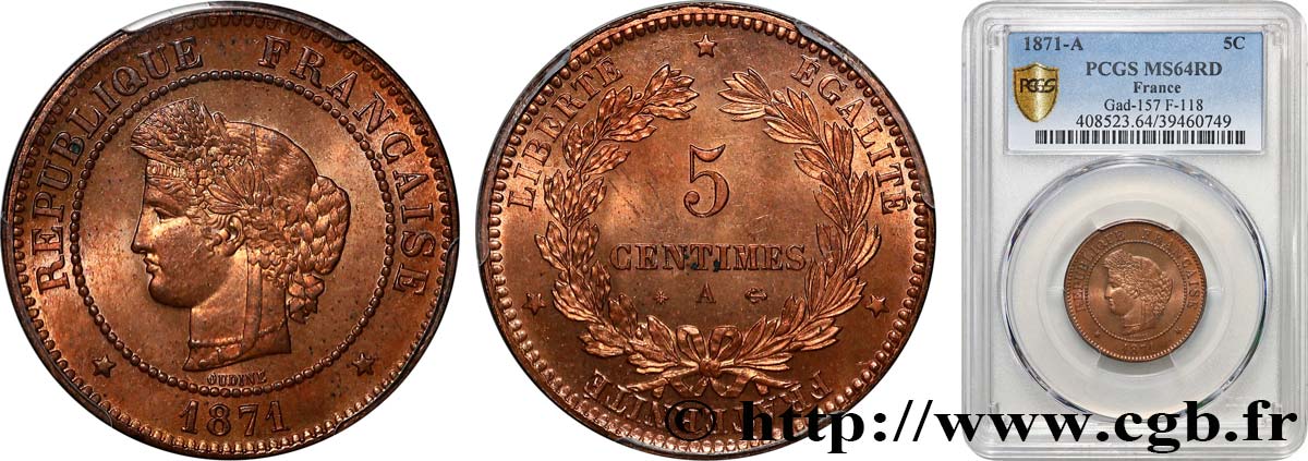 5 centimes Cérès 1871  Paris F.118/2 SPL64 PCGS