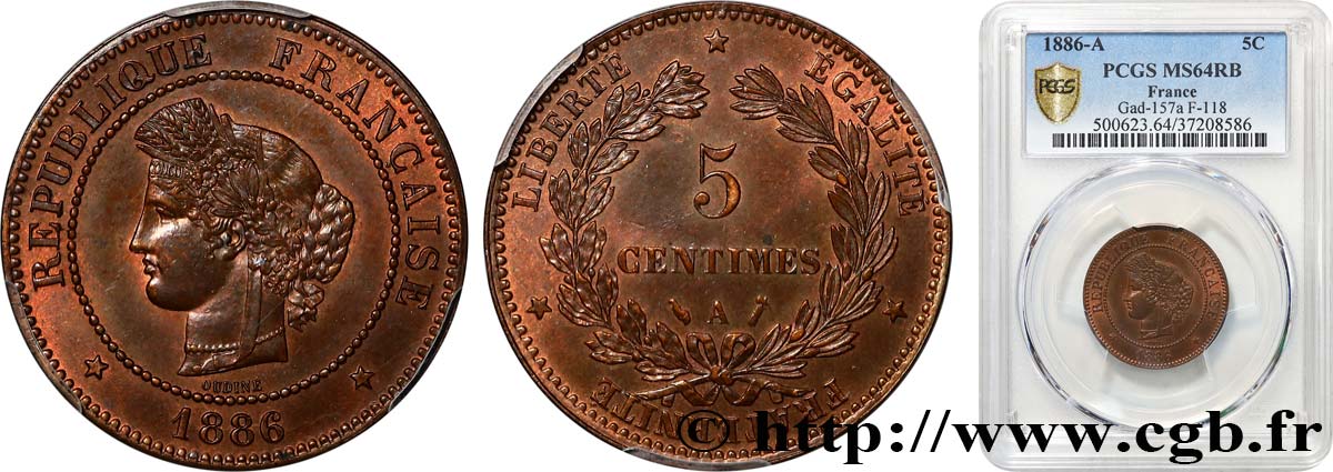 5 centimes Cérès 1886 Paris F.118/28 MS64 PCGS
