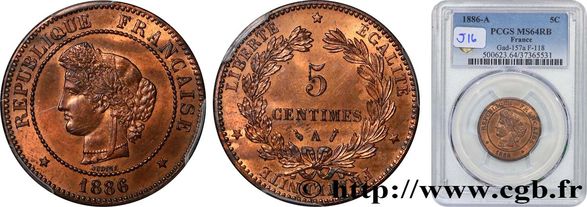 5 centimes Cérès 1886 Paris F.118/28 fST64 PCGS