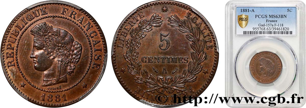 5 centimes Cérès 1881 Paris F.118/22 fST63 PCGS