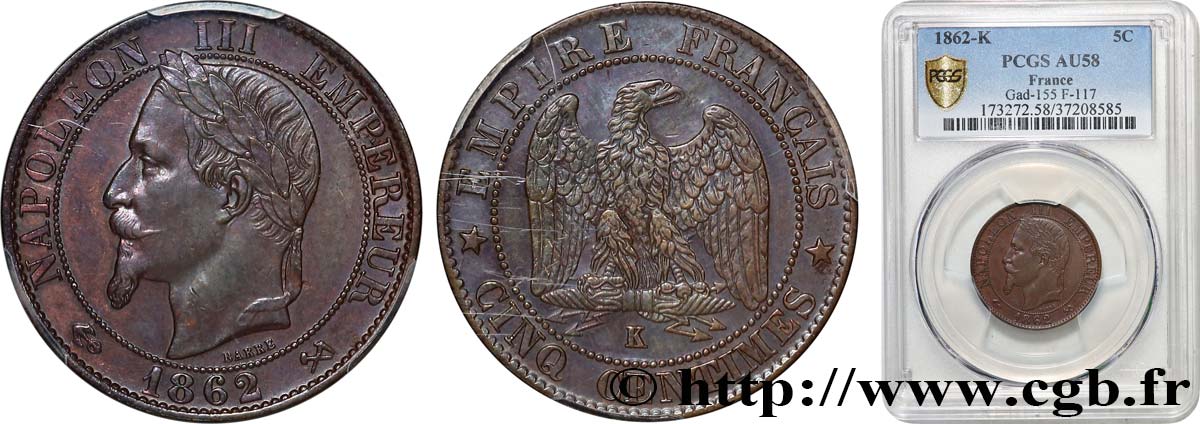 Cinq centimes Napoléon III, tête laurée 1862 Bordeaux F.117/9 VZ58 PCGS