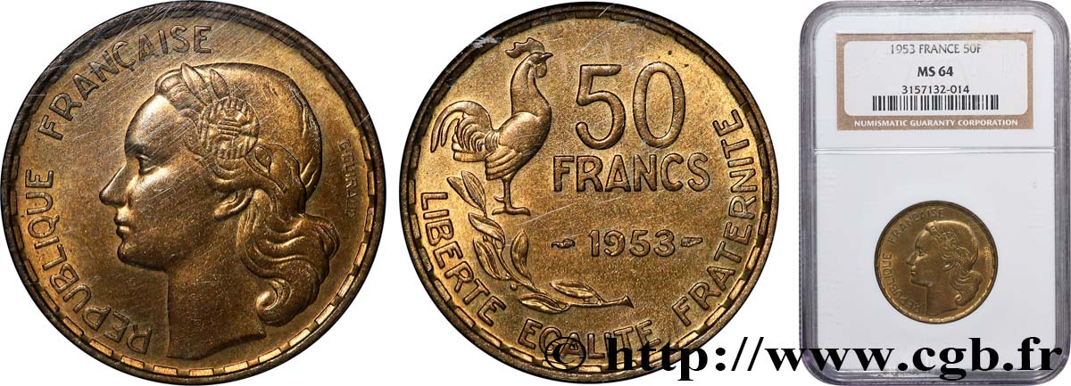 50 francs Guiraud 1953  F.425/10 fST64 NGC