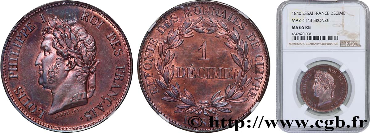Essai de 1 décime en cuivre 1840 Paris VG.2915  MS65 NGC