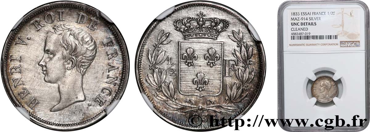 1/2 franc, buste juvénile 1833  VG.2713  MS NGC