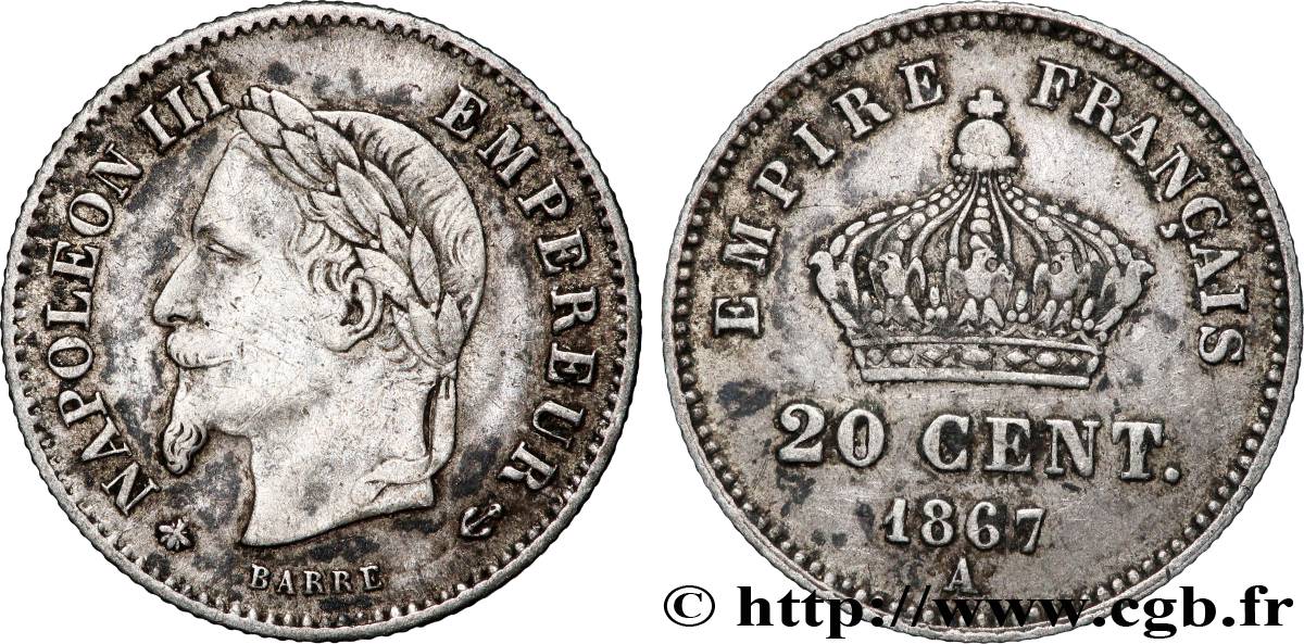20 centimes Napoléon III, tête laurée, grand module 1867 Paris F.150/1 VZ 