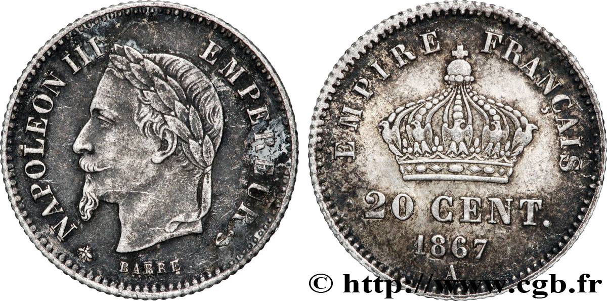 20 centimes Napoléon III, tête laurée, grand module 1867 Paris F.150/1 SUP 