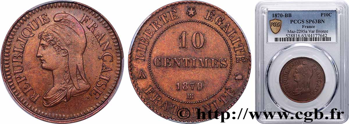 Essai de 10 centimes d’après Dupré 1870 Strasbourg VG.3773  MS63 PCGS