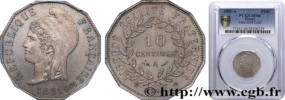 Essai de 10 centimes d’après Dupré, sur flan dodécagonal 1881 Paris GEM.26 1 MS66 PCGS