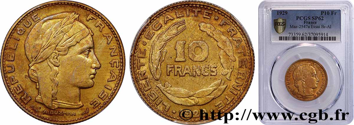 Concours de 10 francs, essai de Guzman en bronze-aluminium 1929 Paris GEM.164 3 EBC62 PCGS