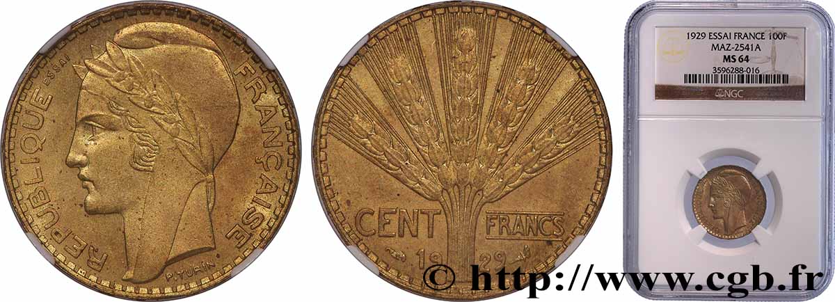 Concours de 100 francs or, essai de Turin en bronze-aluminium 1929 Paris GEM.283 4 MS64 NGC