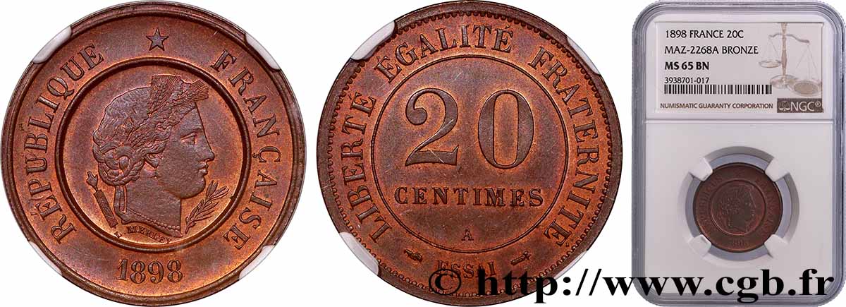 Essai de 20 centimes Merley 1898 Paris GEM.50 18 FDC65 NGC