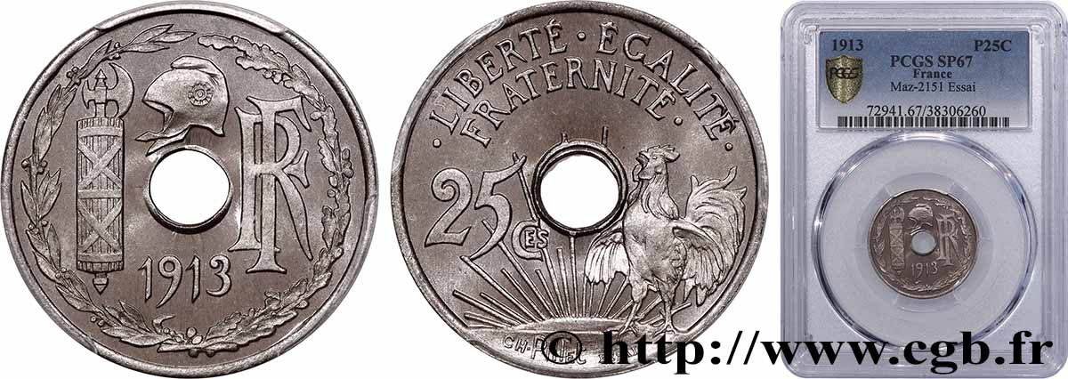 Essai de 25 centimes par Pillet, grand module, premier projet 1913 Paris GEM.73 2 MS67 PCGS