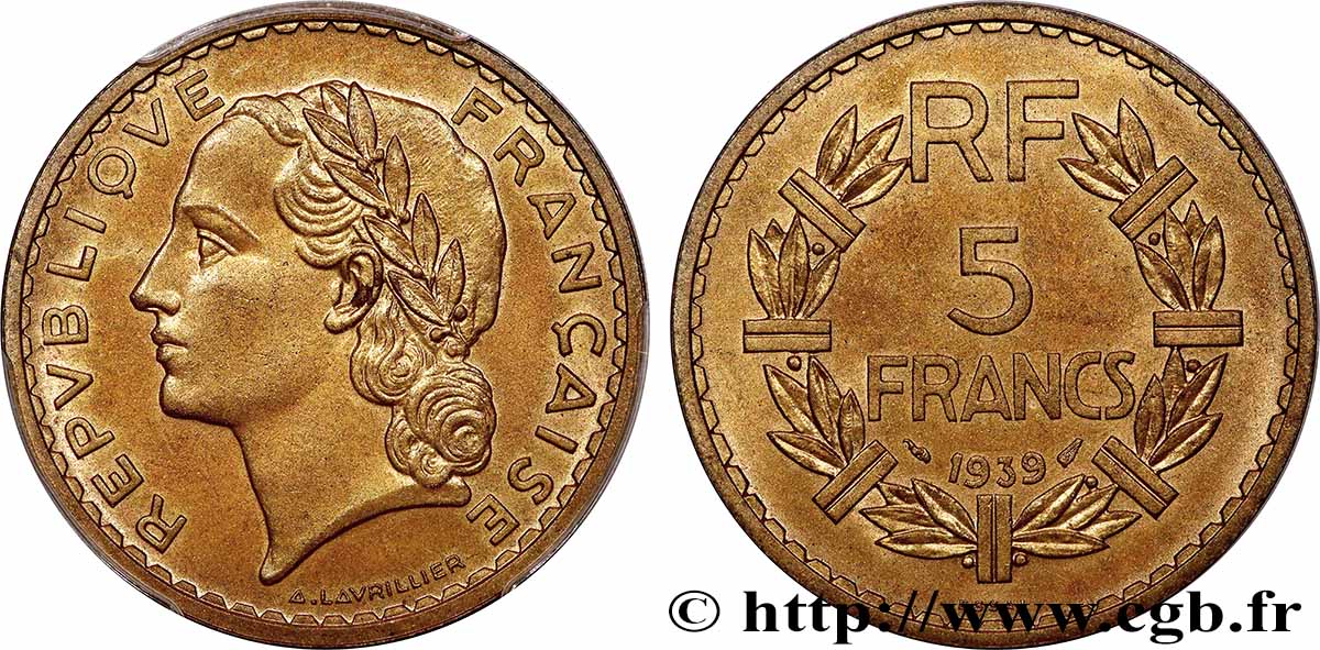 Essai de 5 francs Lavrillier, bronze-aluminium 1939 Paris F.337/2 ST65 PCGS