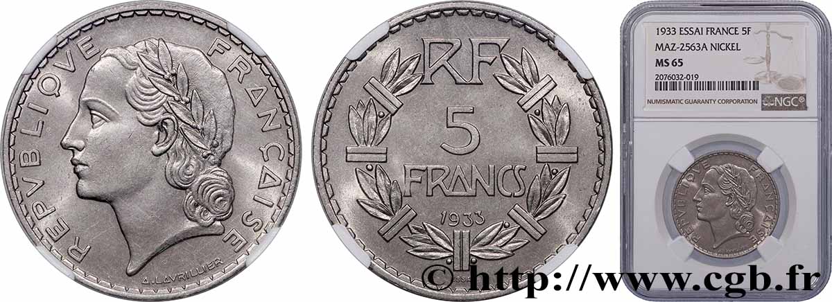 Concours de 5 francs, essai de Lavrillier en nickel, sans différents 1933 Paris GEM.137 8 ST65 NGC