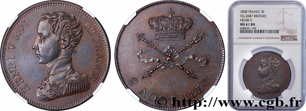 Module de 5 francs pour l’avènement d’Henri V 1830  VG.2687  SUP61 NGC