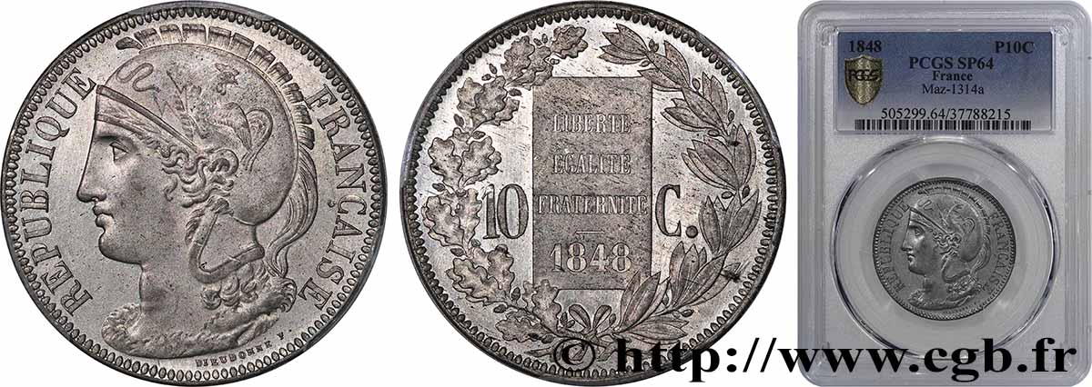 Concours de 10 centimes, essai en étain par Dieudonné 1848 Paris VG.3137 var MS64 PCGS
