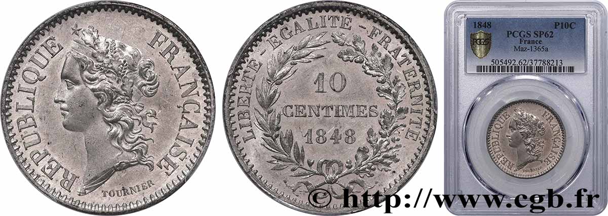 Concours de 10 centimes, essai en étain par Tournier 1848 Paris VG.3154 var VZ62 PCGS