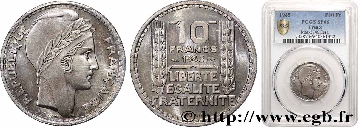 Essai de 10 francs Turin, grosse tête, rameaux longs 1945 Paris F.361/1 MS66 PCGS