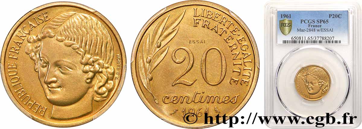 Essai du concours de 20 centimes par Baron 1961 Paris GEM.55 2 ST65 PCGS