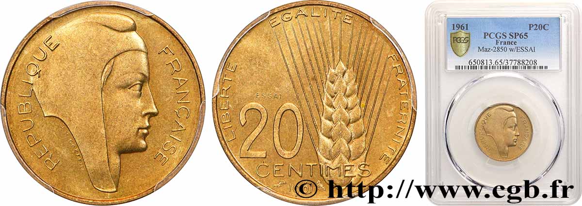 Essai du concours de 20 centimes par Coeffin 1961 Paris GEM.55 6 ST65 PCGS