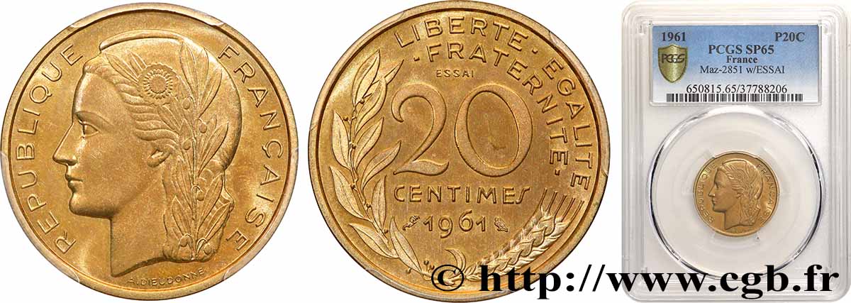 Essai du concours de 20 centimes par Dieudonné 1961 Paris GEM.55 8 ST65 PCGS