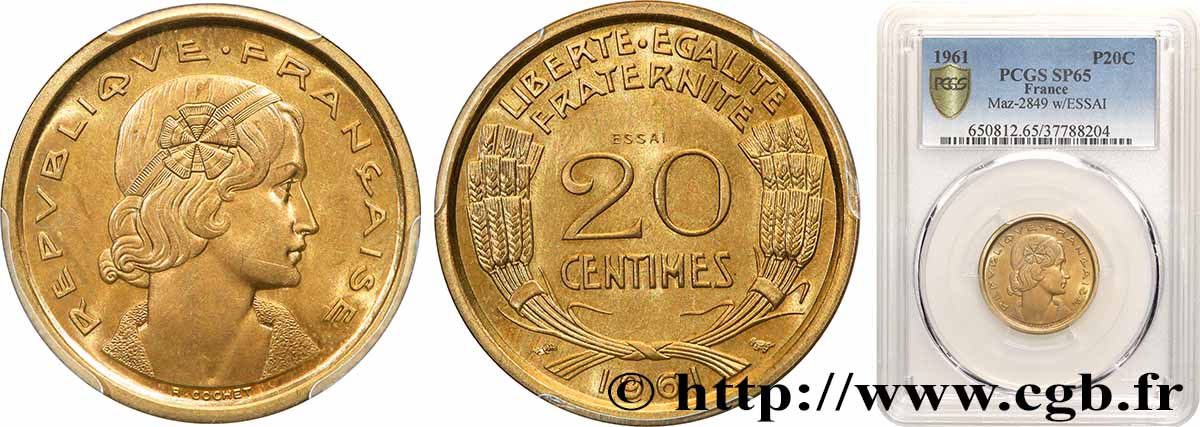 Essai du concours de 20 centimes par Cochet 1961 Paris GEM.55 4 ST65 PCGS