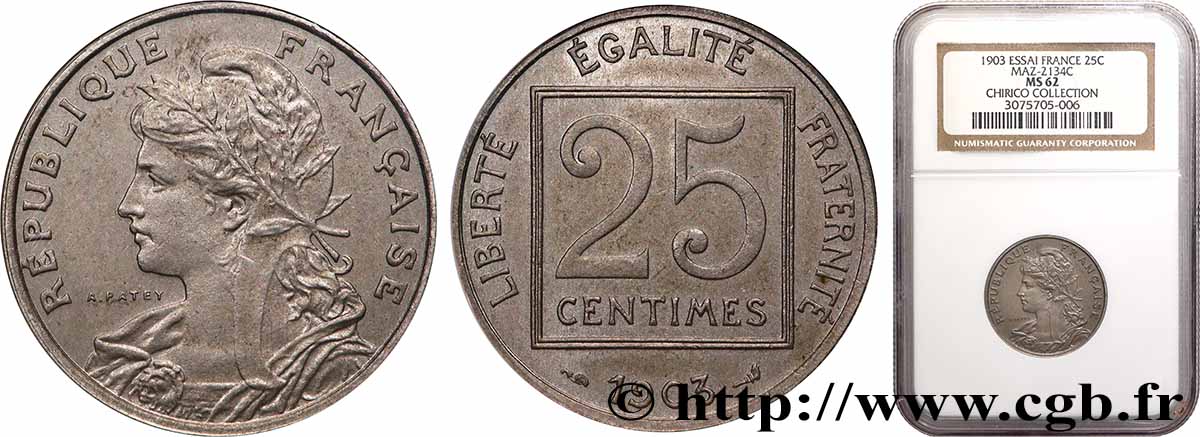 Piéfort de 25 centimes Patey, 1er type, sans le mot ESSAI 1903 Paris GEM.60 P2 SUP62 NGC