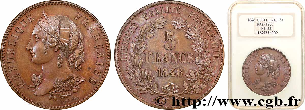 Concours de 5 francs, essai en cuivre par Magniadas 1848 Paris VG.3082 var MS66 PCGS