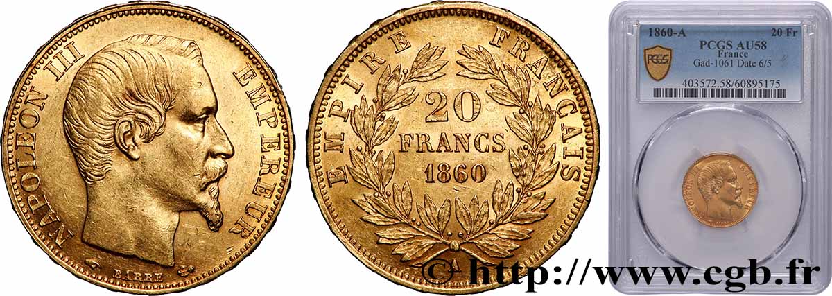 20 francs or Napoléon III, tête nue 1860 Paris F.531/17 EBC58 PCGS