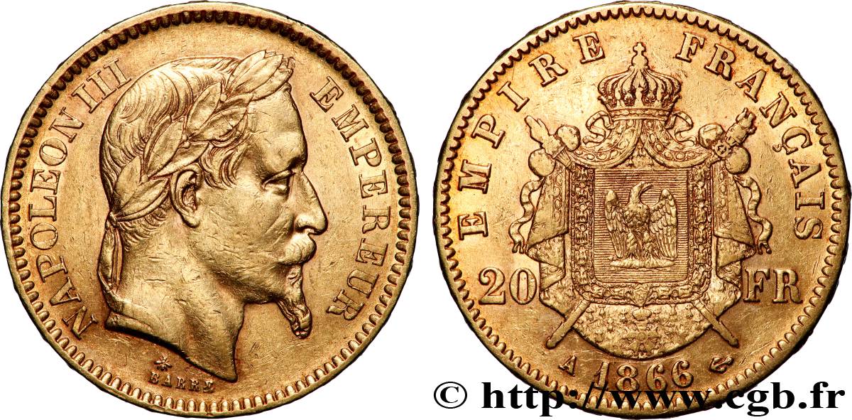 20 francs or Napoléon III, tête laurée 1866 Paris F.532/13 SS 
