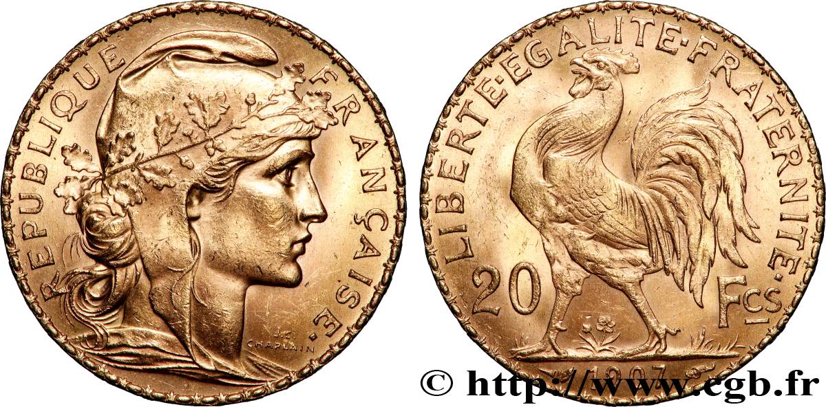 20 francs or Coq, Liberté Égalité Fraternité 1907 Paris F.535/1 VZ+ 