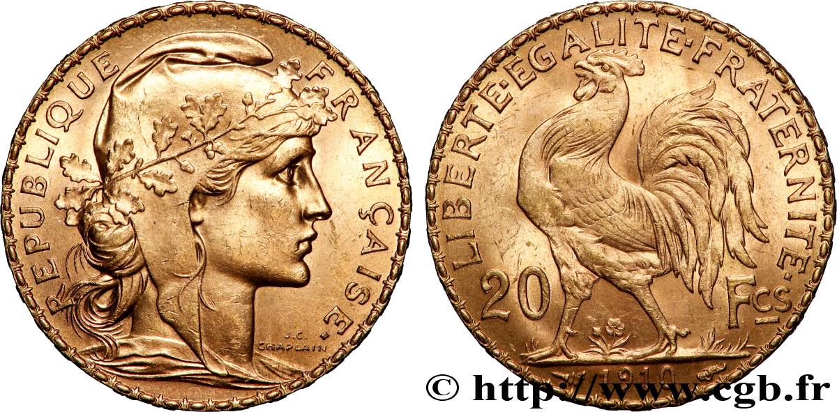 20 francs or Coq, Liberté Égalité Fraternité 1910 Paris F.535/4 MS 