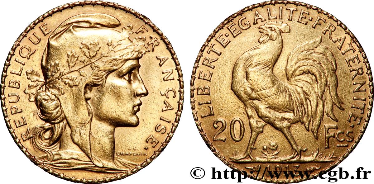 20 francs or Coq, Liberté Égalité Fraternité 1913 Paris F.535/7 SS 