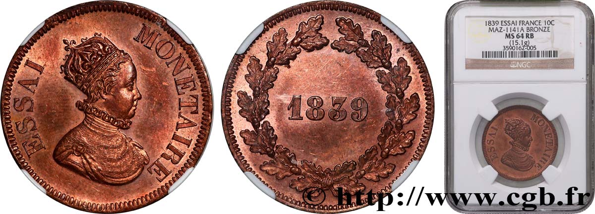 Essai monétaire cuivre, module du décime 1839  T.T.4509 2 SPL64 NGC