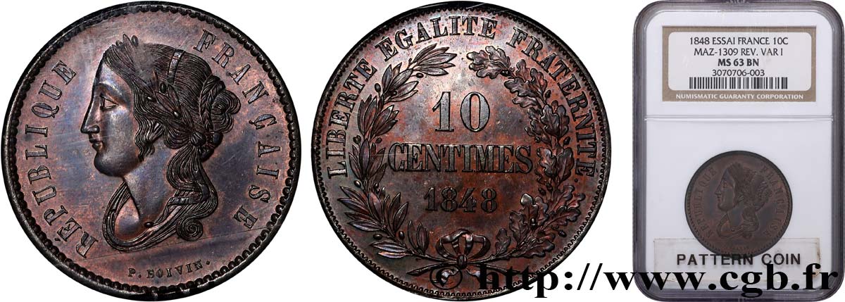 Concours de 10 centimes, essai en cuivre par Boivin, premier revers 1848 Paris VG.3133  fST63 NGC