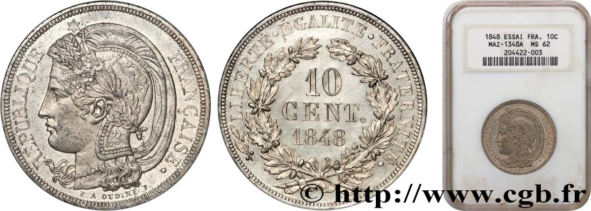 Concours de 10 centimes, essai en étain par Oudiné 1848 Paris VG.3149 var. de métal VZ62 NGC