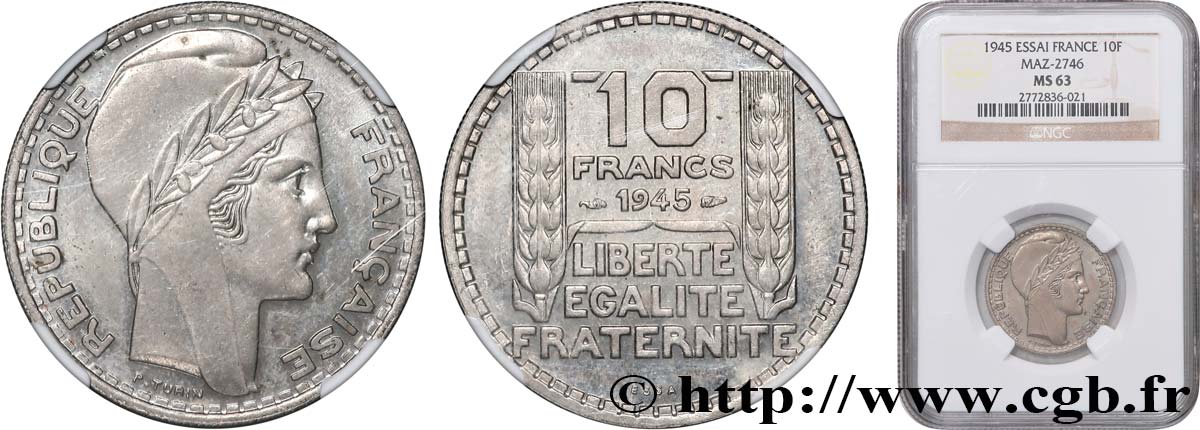 Essai de 10 francs Turin, grosse tête, rameaux longs 1945 Paris F.361/1 fST63 NGC