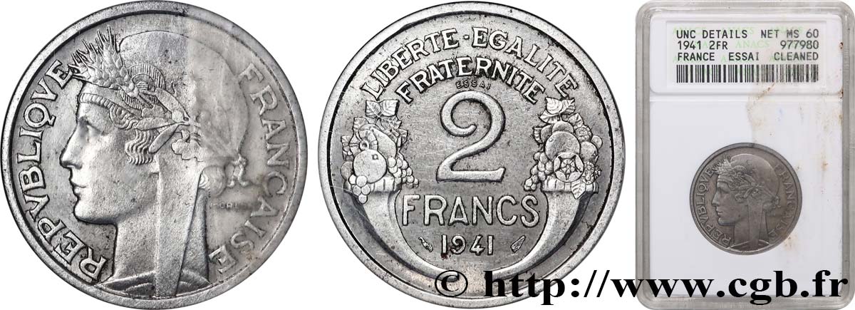 Essai en aluminium de 2 francs Morlon 1941 Paris GEM.114 7 SUP+ ANACS