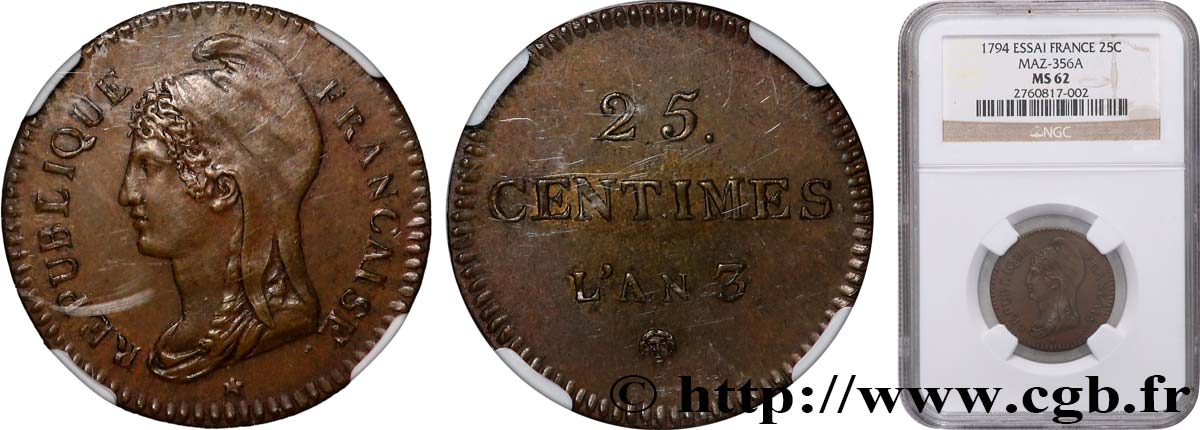 Essai de 25 centimes 1795 Paris Maz.356 a VZ62 NGC