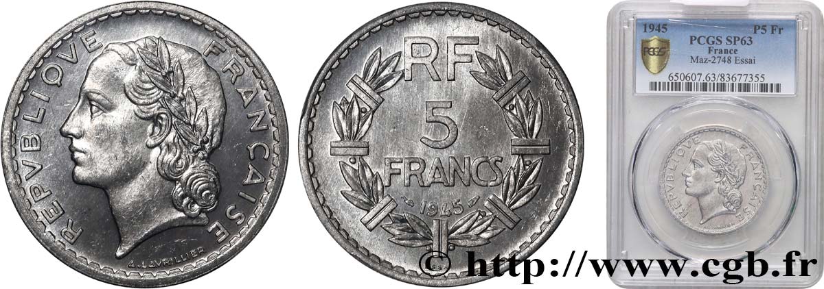 Essai de 5 francs Lavrillier, aluminium 1945  F.339/1 SPL63 PCGS