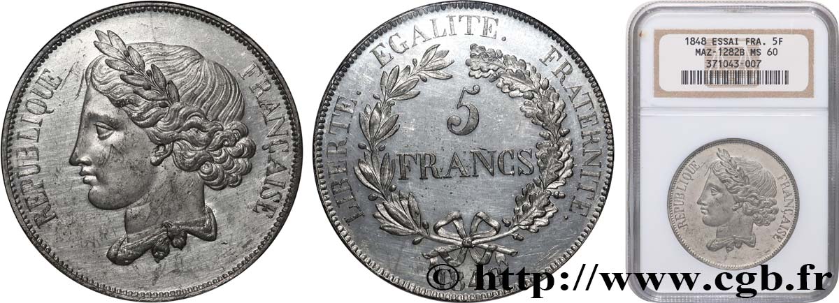 Concours de 5 francs, essai en étain attribué à Gayrard, deuxième concours 1848 Paris VG.3077 var VZ60 NGC