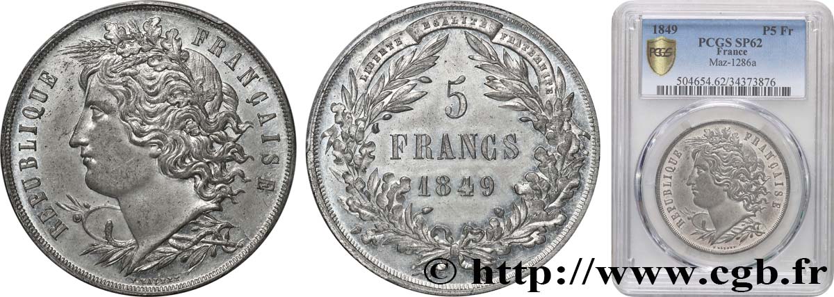 Concours de 5 francs, essai en étain par Malbet 1849 Paris VG.3083 var. SUP62 PCGS