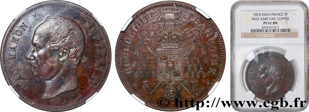 Essai de 5 francs Mac Mahon 1874  GEM.130 12 SUP61 NGC