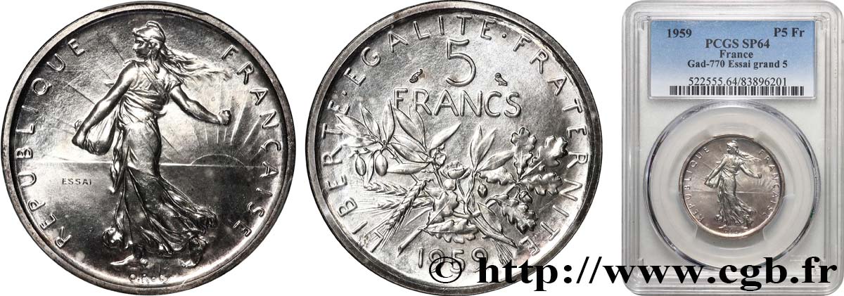 Essai de 5 francs Semeuse, argent, grand 5 1959 Paris F.340/1 fST64 PCGS