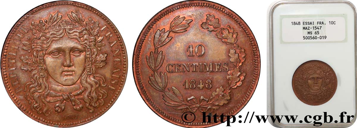 Concours de 10 centimes, essai en cuivre par Moullé 1848 Paris VG.3148 var. rev. ST65 NGC