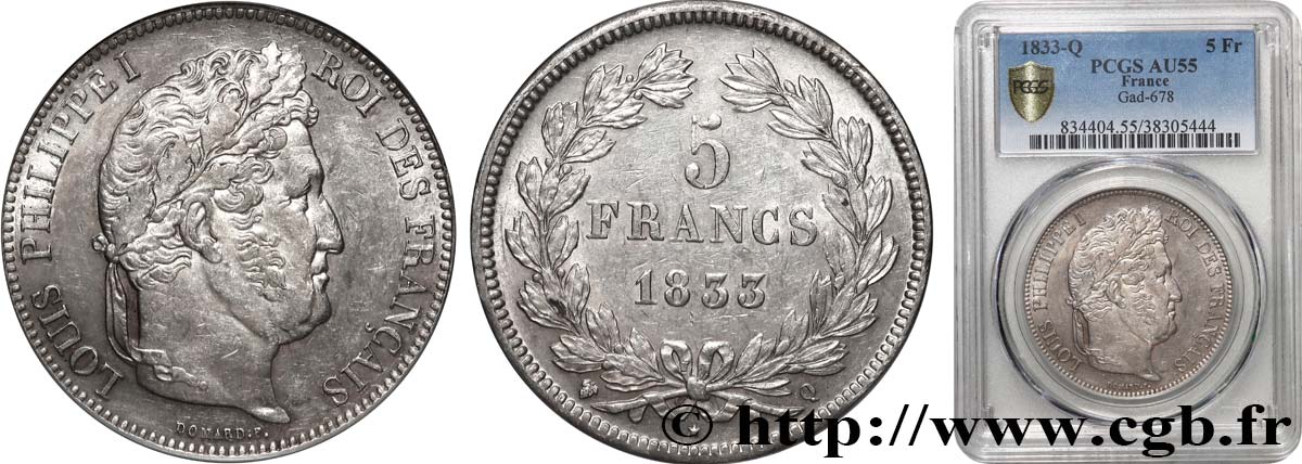 5 francs IIe type Domard 1833 Perpignan F.324/25 VZ55 PCGS