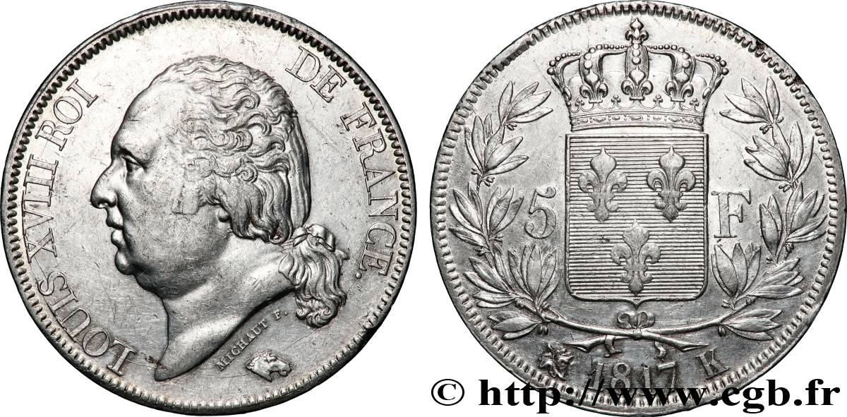 5 francs Louis XVIII, tête nue 1817 Bordeaux F.309/21 SS/fVZ 