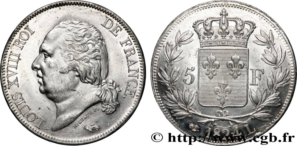 5 francs Louis XVIII, tête nue 1824 Bayonne F.309/94 SUP+ 