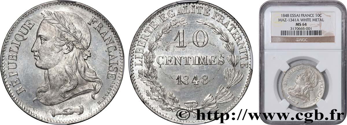 Concours de 10 centimes, essai en étain par Montagny, deuxième revers, effigie au col nu 1848 Paris VG.3147 var. fST64 NGC